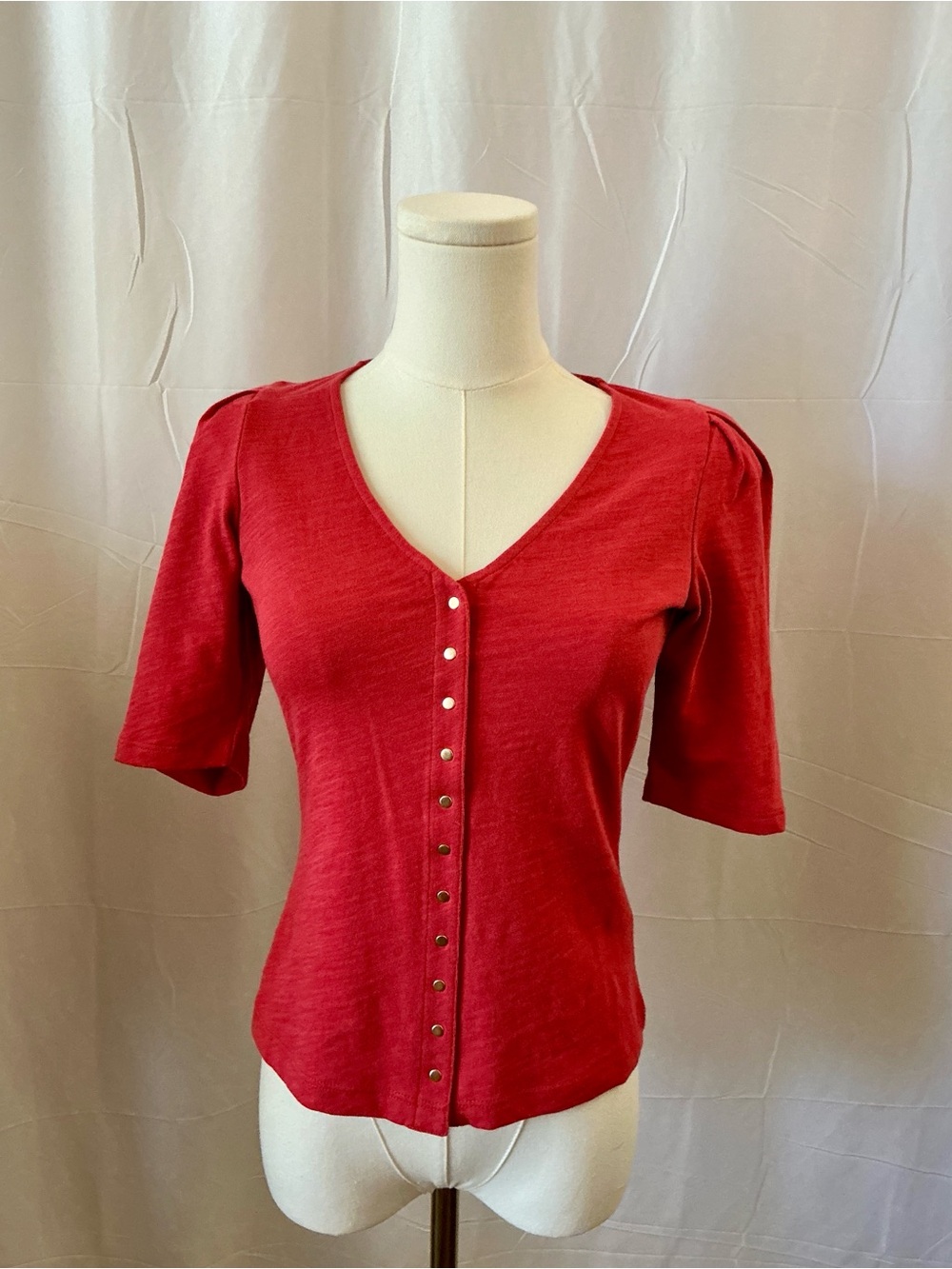 Nation LTD Red Orange Pima Cotton Gold Snap Puff Sleeve V Neck Top